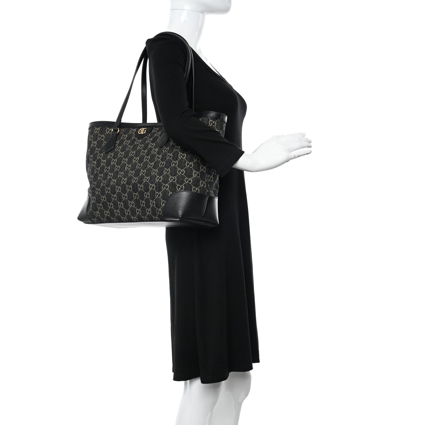 Jacquard Black Denim GG Monogram Medium Ophidia Shopping Tote Black Ivory