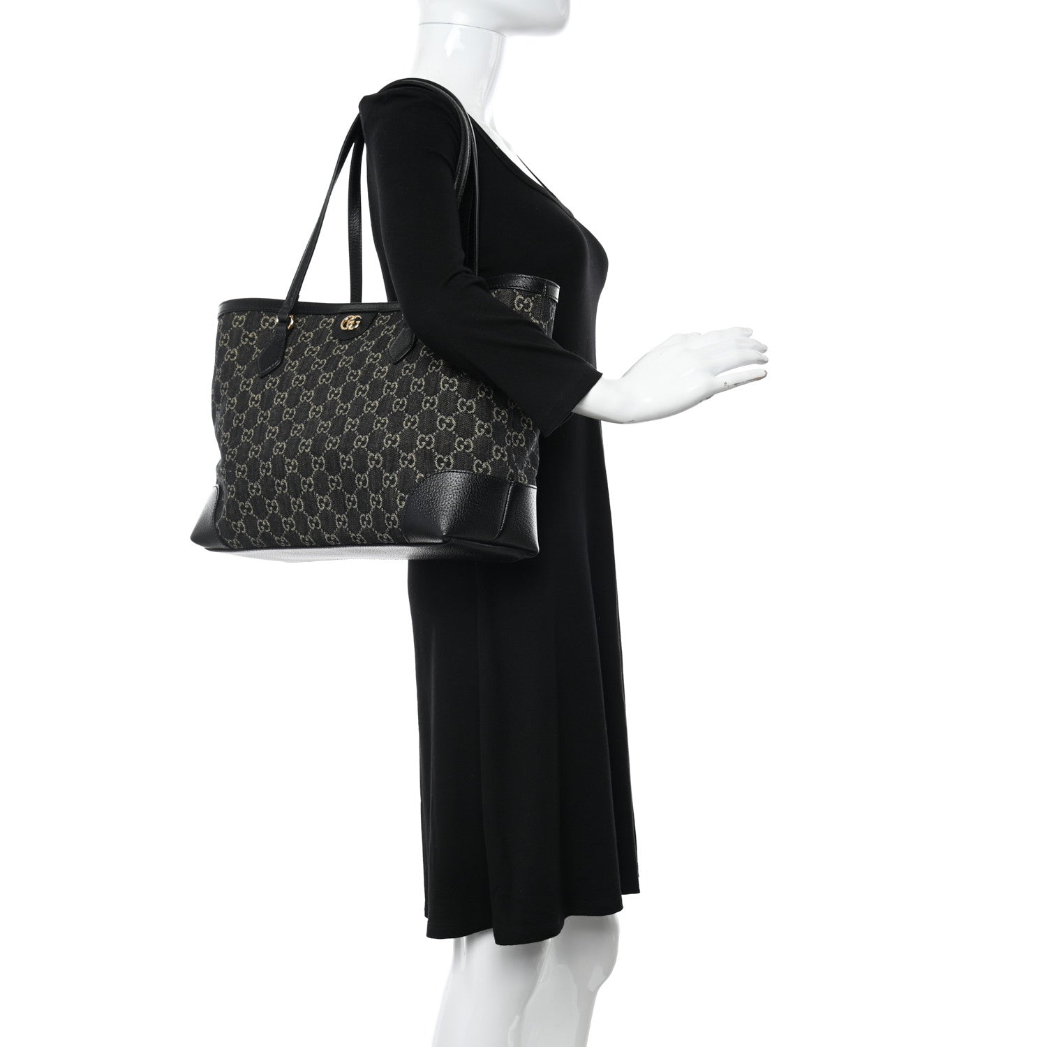 Gucci Jacquard Black Denim GG Monogram Medium Ophidia Shopping Tote Black Ivory 2 of 10