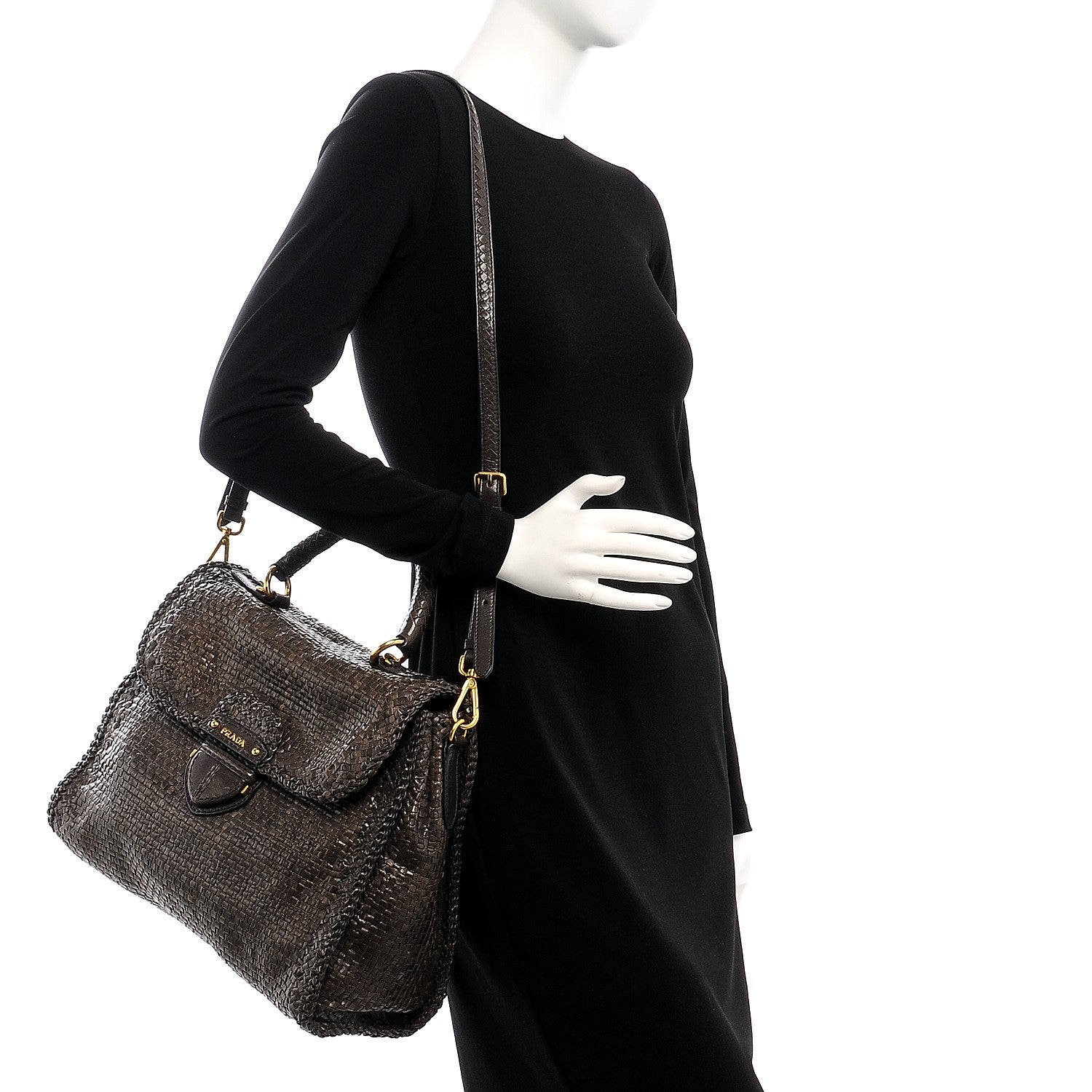 Prada Goatskin Woven Top Handle Satchel Antracite 2 of 10