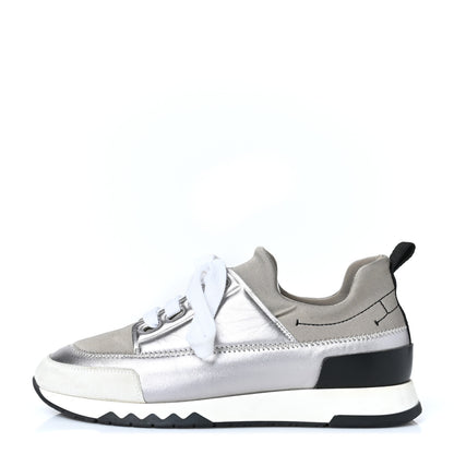 Hermes Technical Canvas Metallic Goatskin Womens Stadium Sneakers 35.5 Silver 1 of 7