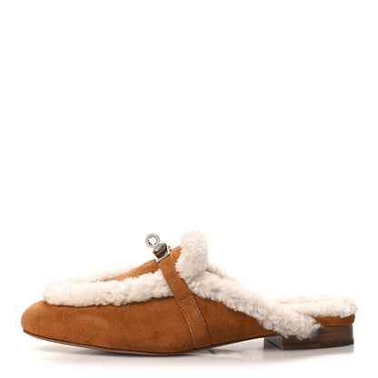 Hermes Suede Goatskin Woolskin Womens Oz Mules 38.5 Naturel 1 of 8