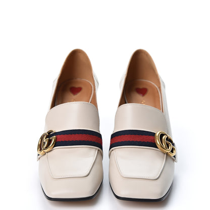Gucci Betis Glamour Calfskin Web Pearl Embellished Peyton 75mm Loafer Pumps 39 Mystic White 2 of 10