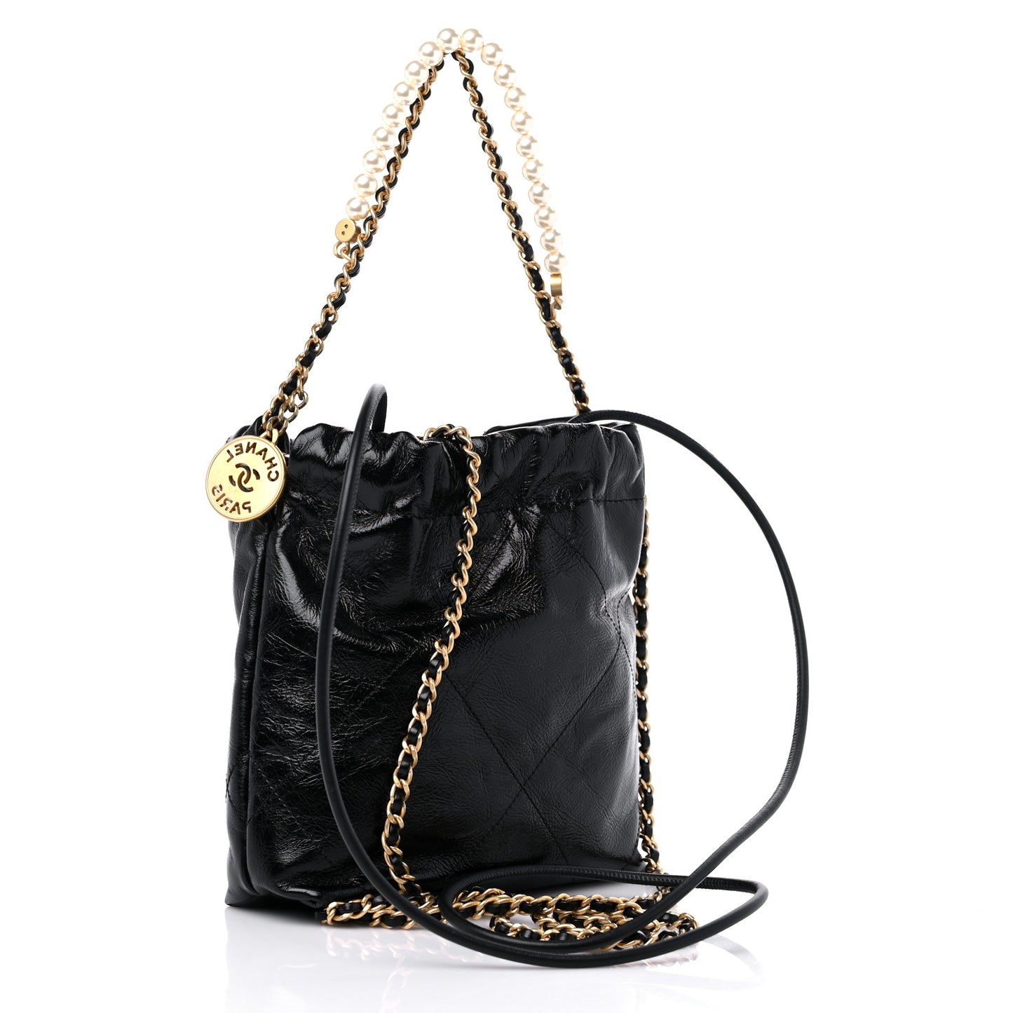 Shiny Crumpled Calfskin Quilted Pearl Mini Chanel 22 Black