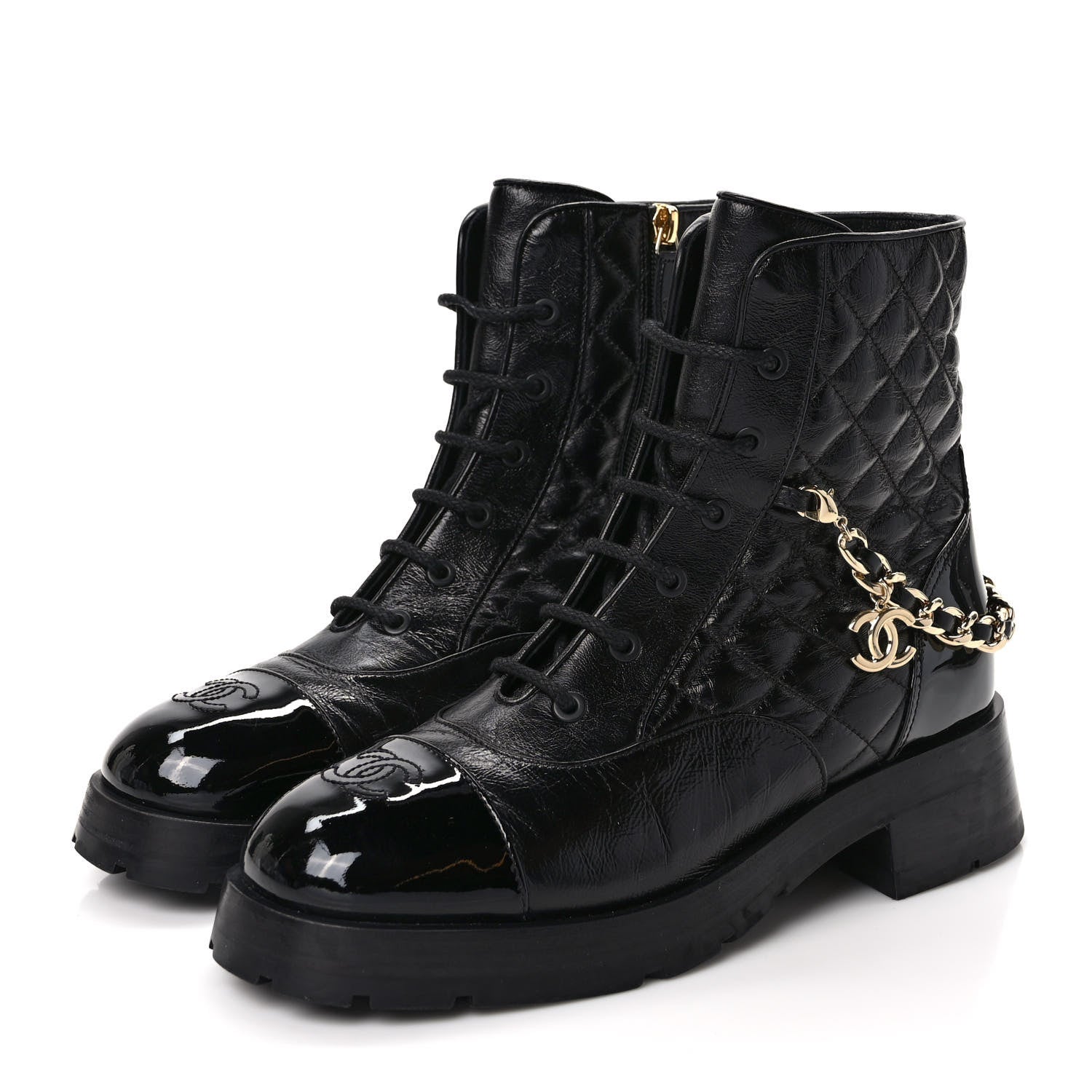 Chanel Shiny Calfskin Patent Quilted Chain Lace Up Combat Boots 40.5 Black 3 of 9
