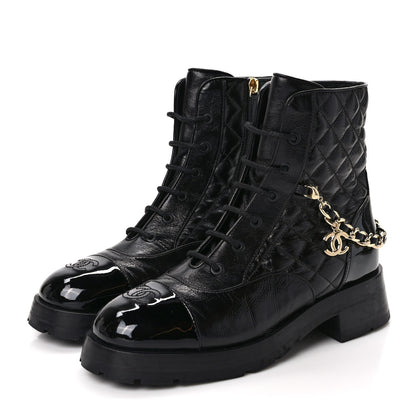 Chanel Shiny Calfskin Patent Quilted Chain Lace Up Combat Boots 40.5 Black 3 of 9
