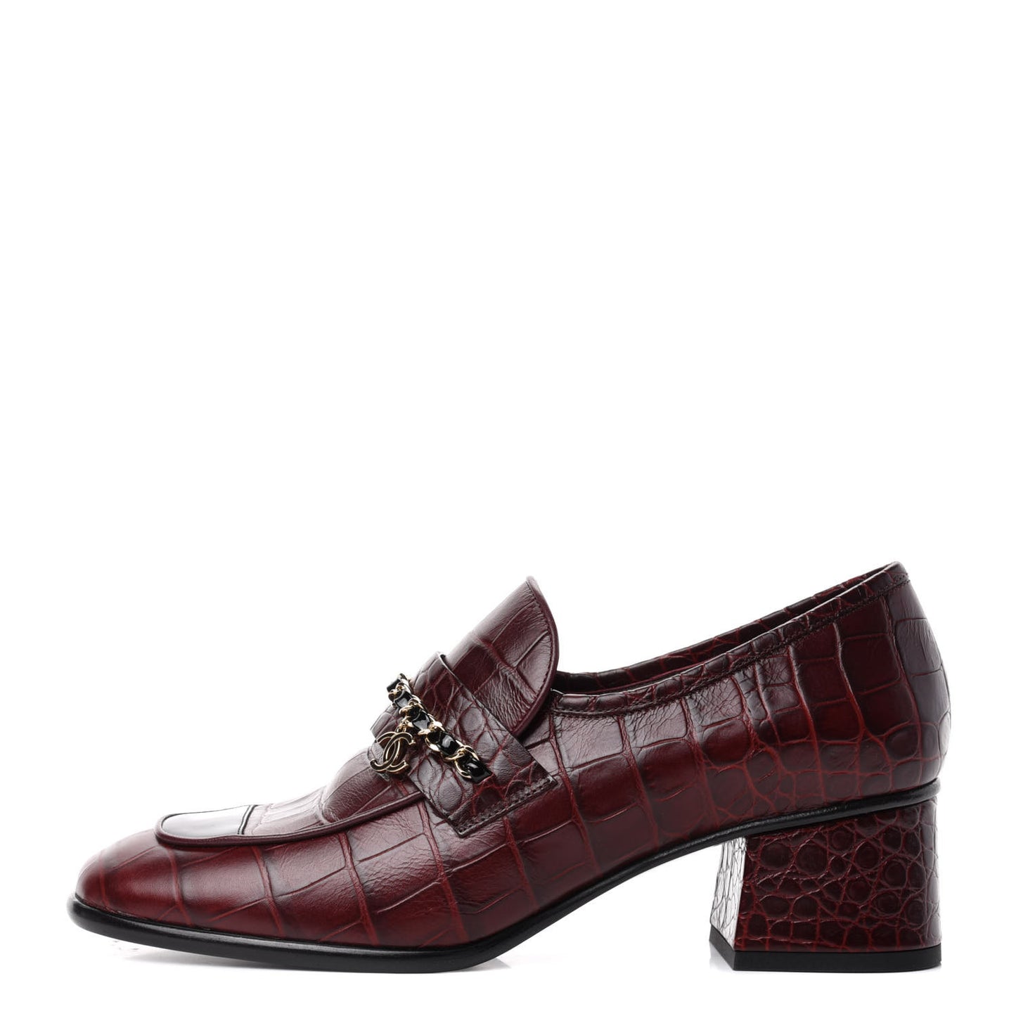 Crocodile Embossed Calfskin CC Chain Mocassin Loafers 39 Burgundy Black
