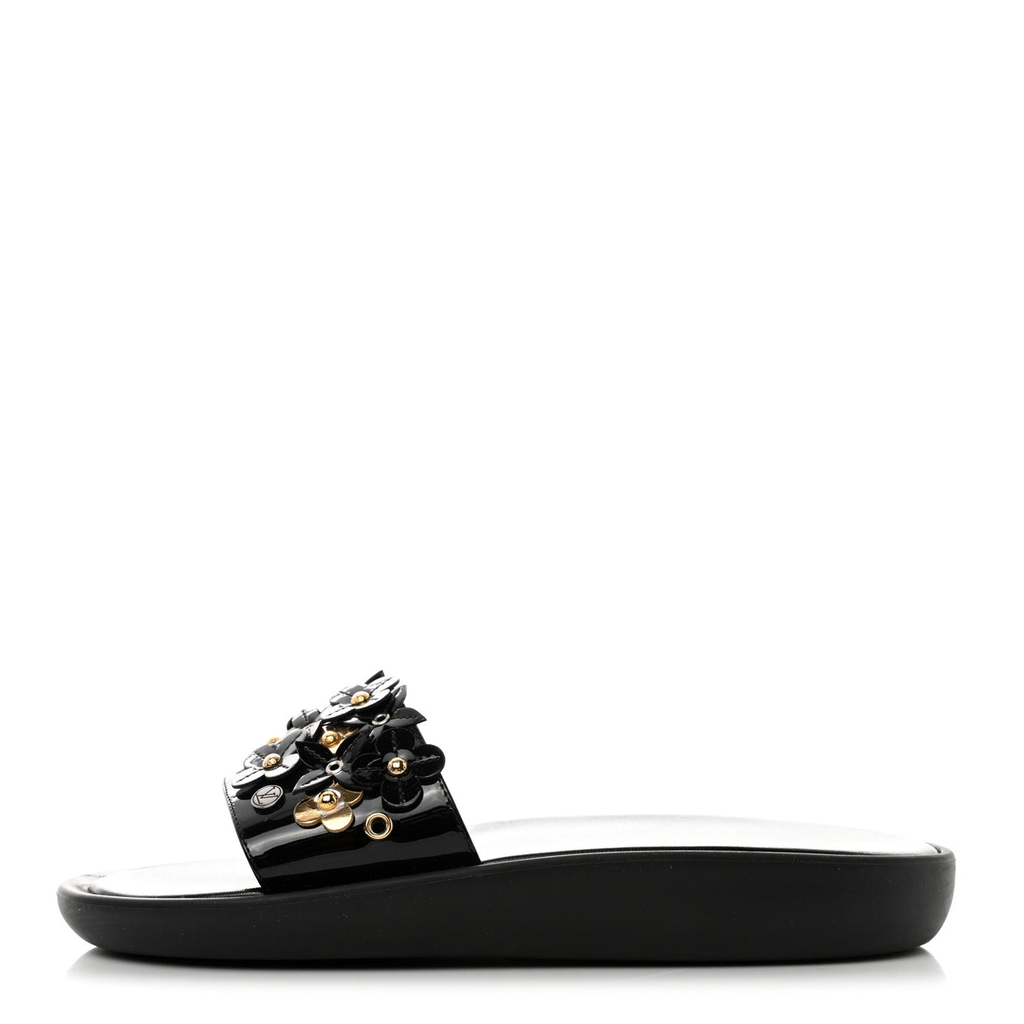 Patent Sunbath Flower Slide Sandals 37 Black Gold