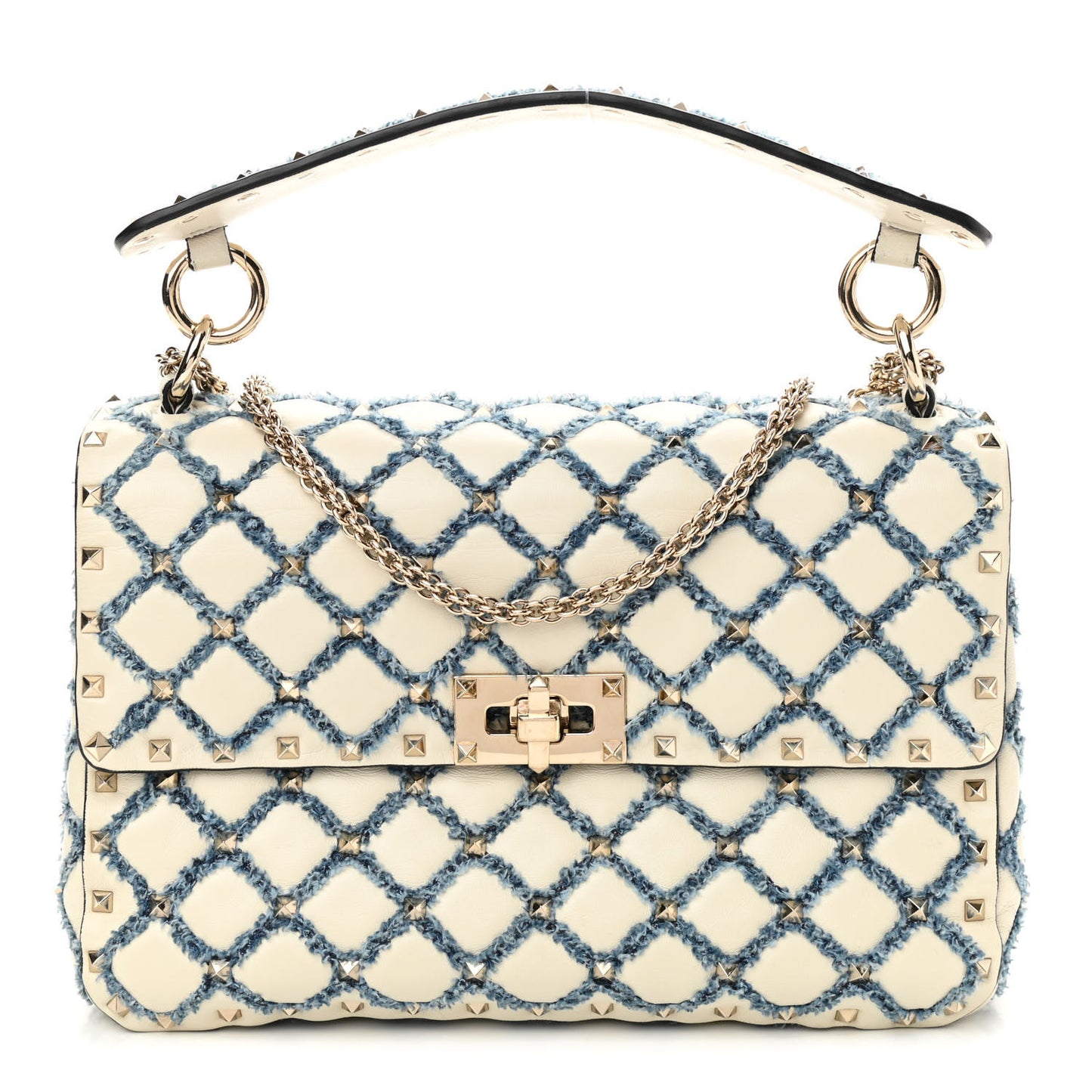 Nappa Denim Quilted Rockstud Medium Spike Shoulder Bag Ivory Blue