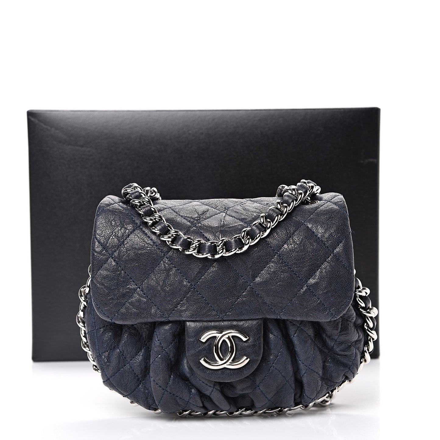 Washed Lambskin Quilted Mini Chain Around Flap Navy Blue