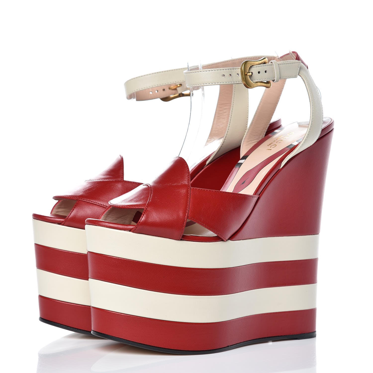 Gucci Nappa Striped Sally Platform Wedge Sandals 38.5 Hibiscus Red White 3 of 8