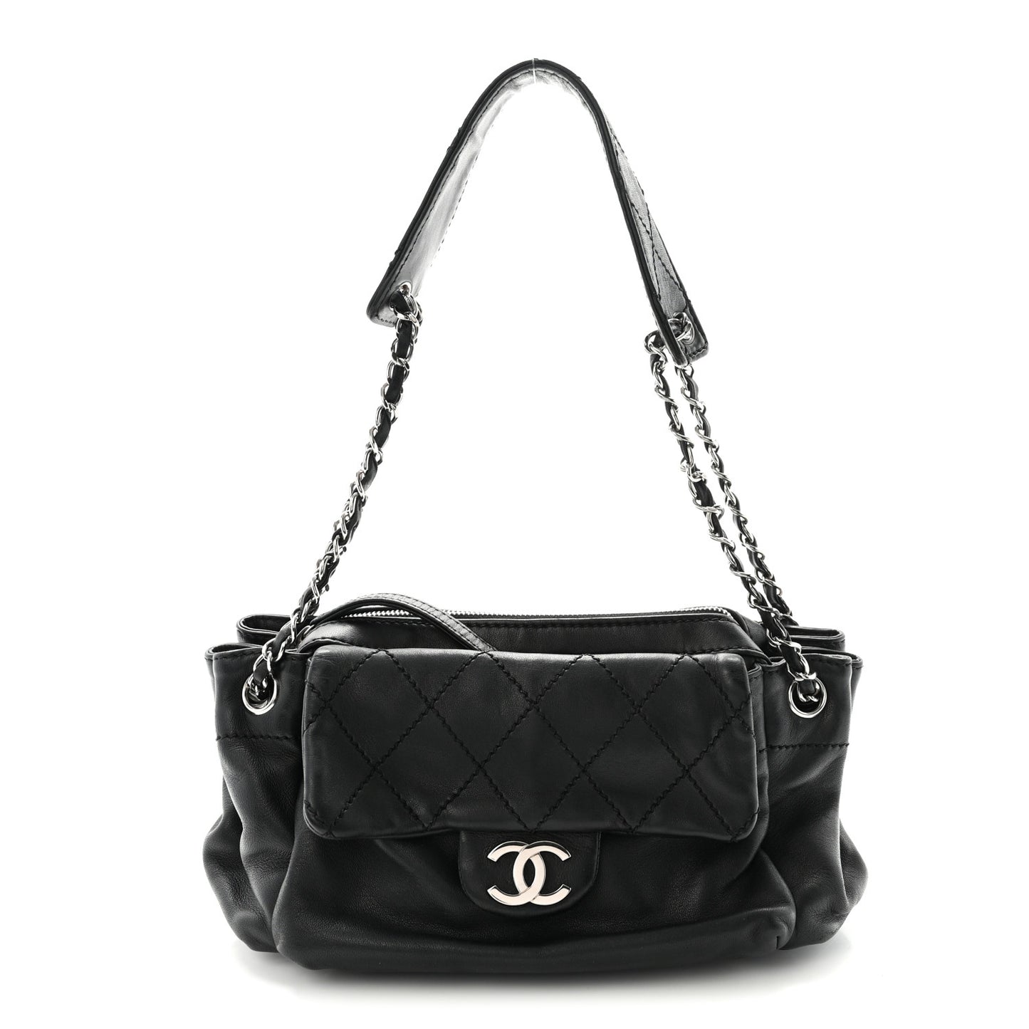 Lambskin Quilted Bowler Flap Shoulder Bag Black