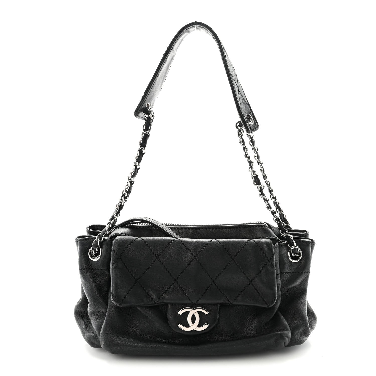 Chanel Lambskin Quilted Bowler Flap Shoulder Bag Black 1 of 10