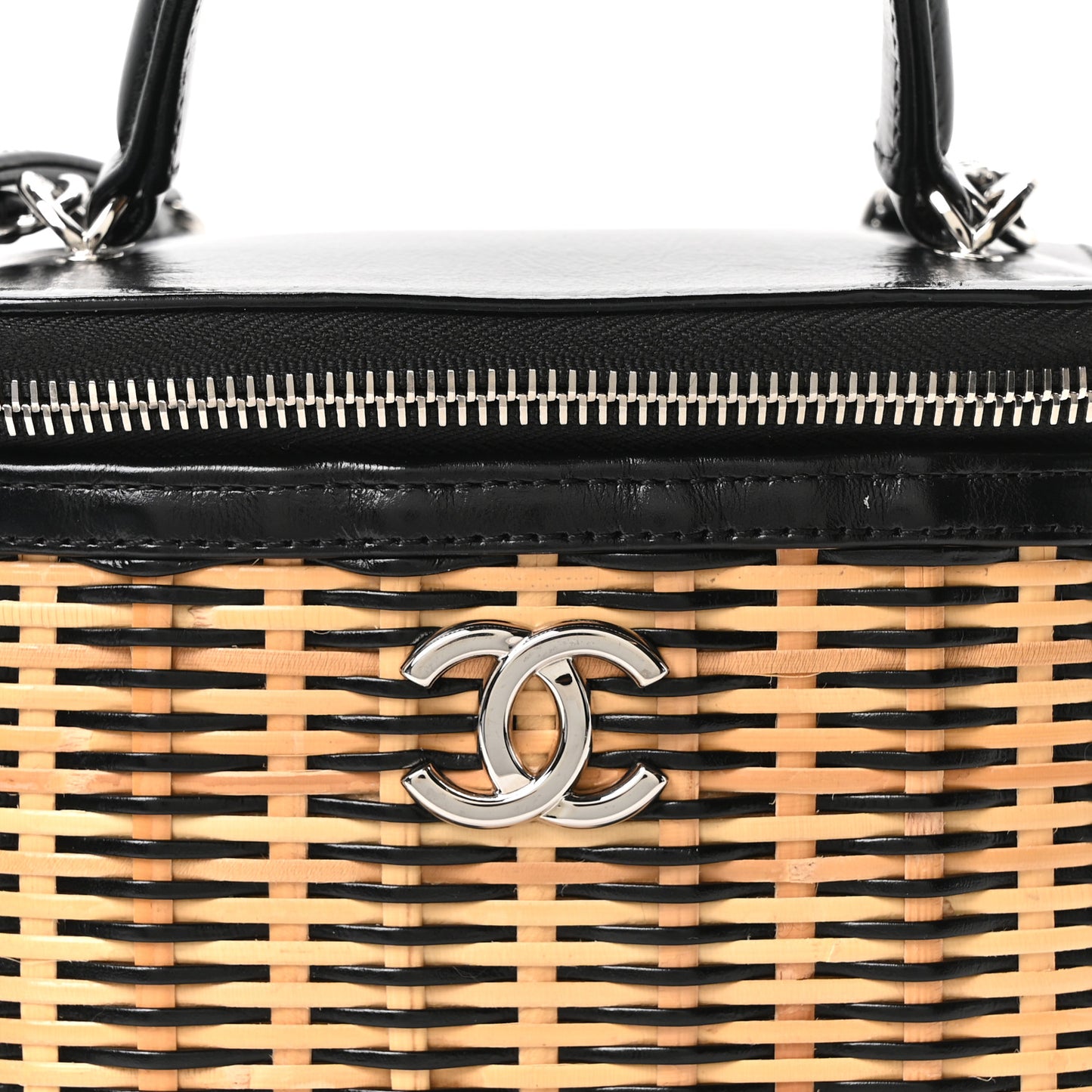 Calfskin Raffia Small Vanity Case Bag Black Beige