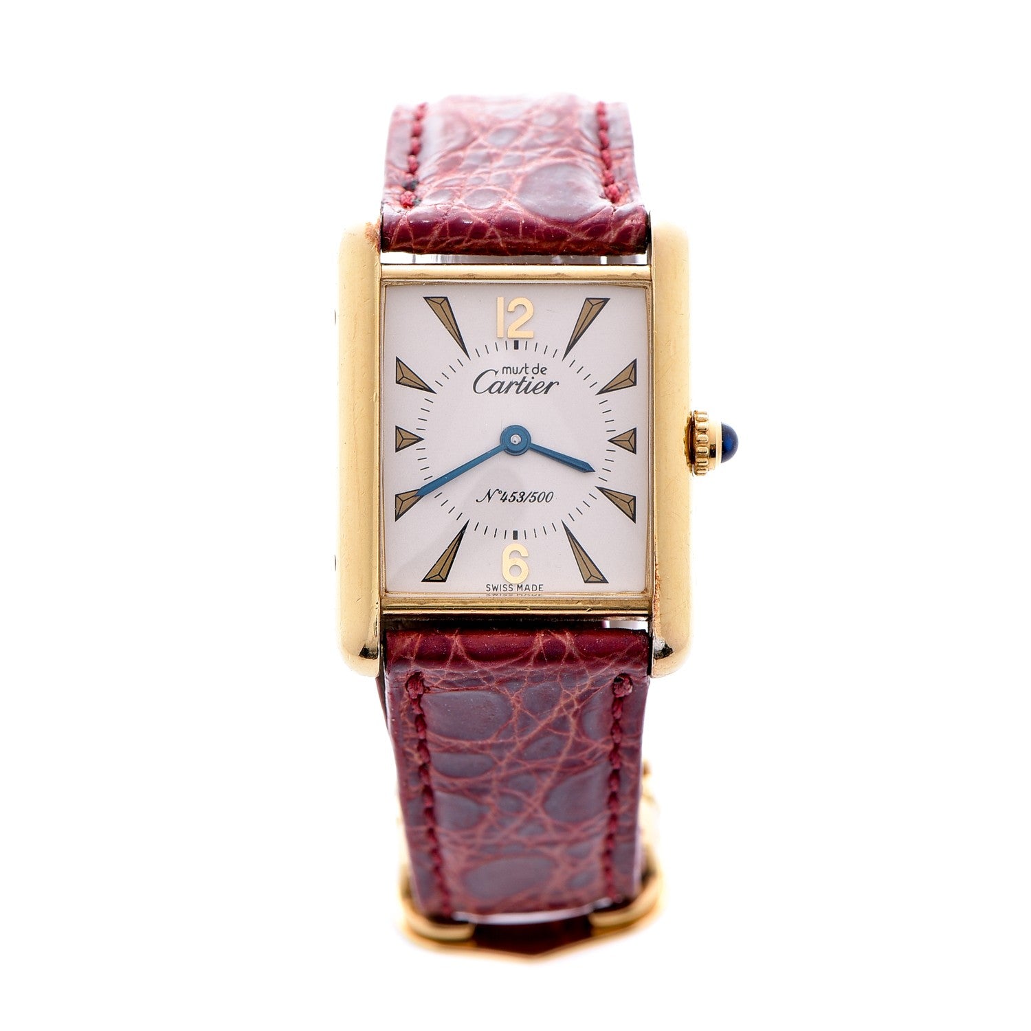 Cartier Sterling Silver Vermeil Alligator 20mm Must de Cartier Tank Quartz Watch Red 1 of 9
