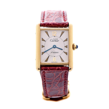 Cartier Sterling Silver Vermeil Alligator 20mm Must de Cartier Tank Quartz Watch Red 1 of 9