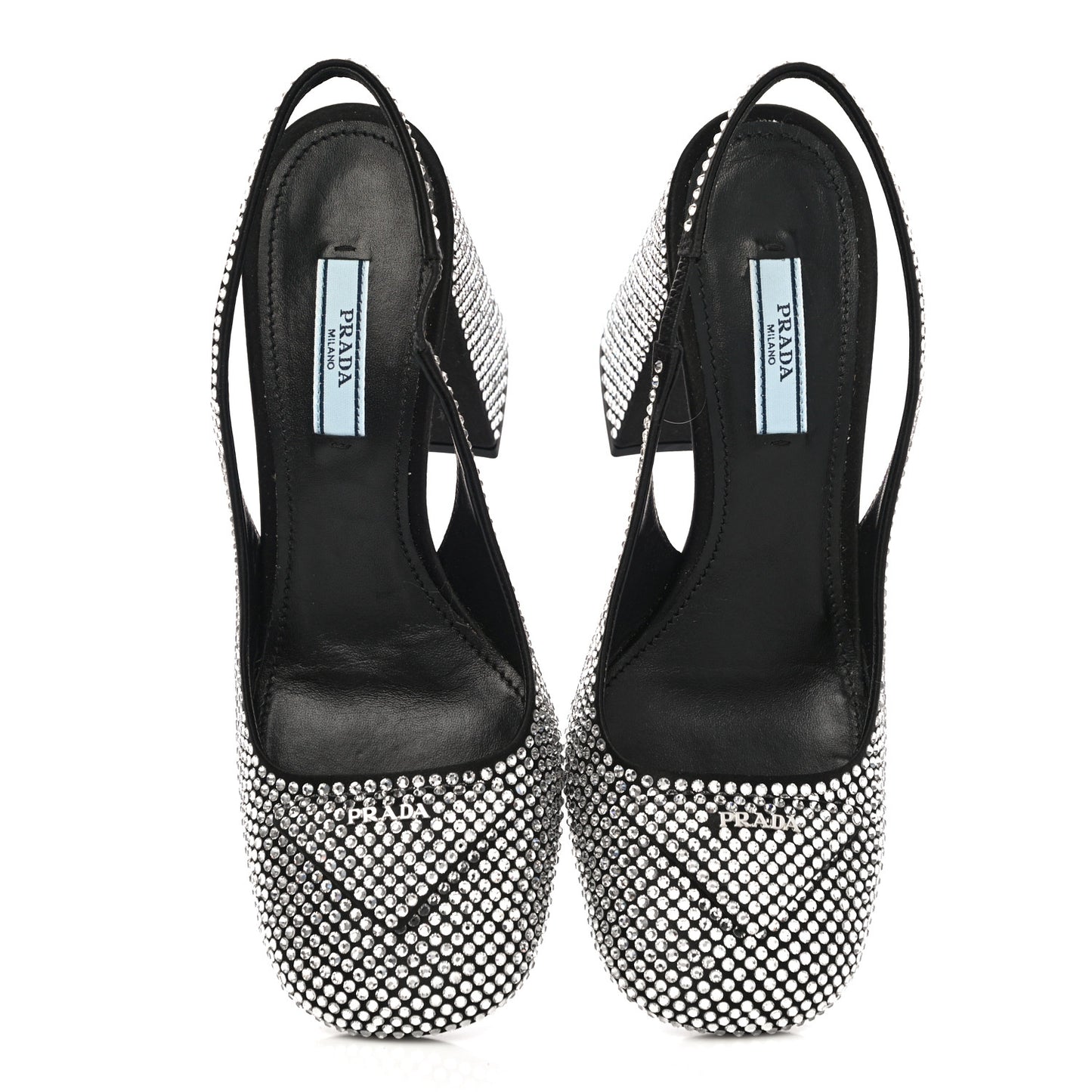 Satin Crystal Logo Block Heel 75mm Slingback Pumps 37 Cristal