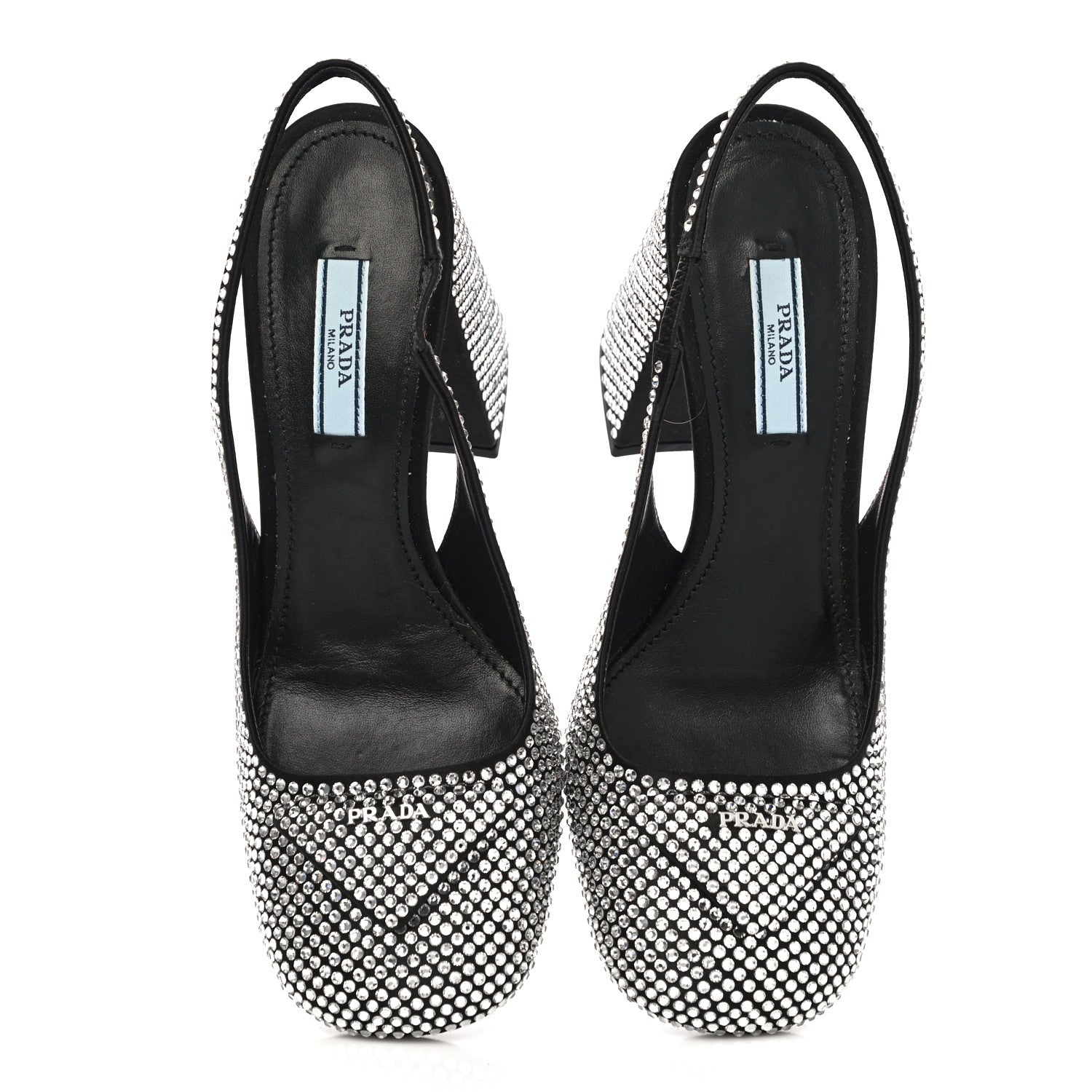 Prada Satin Crystal Logo Block Heel 75mm Slingback Pumps 37 Cristal 7 of 13