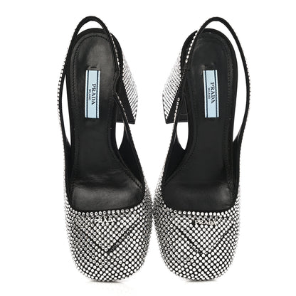 Prada Satin Crystal Logo Block Heel 75mm Slingback Pumps 37 Cristal 7 of 13