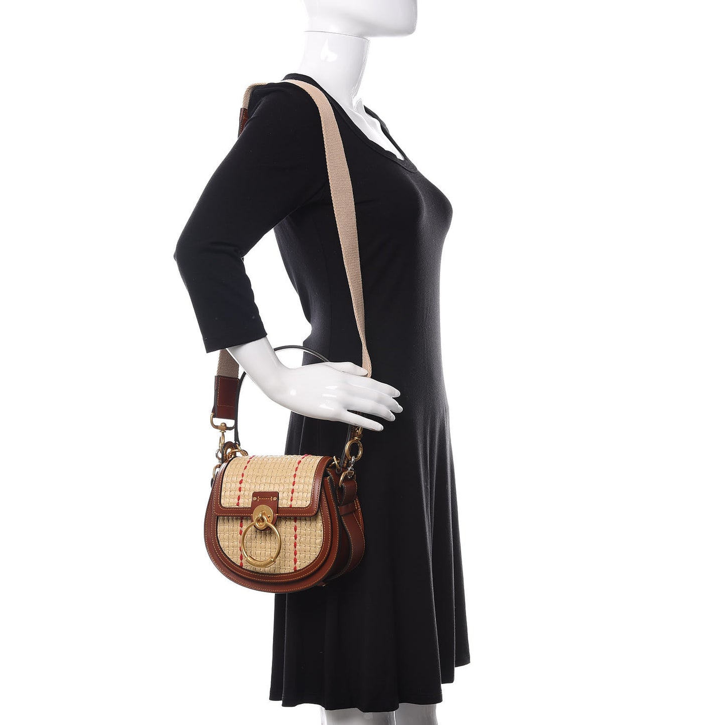 Calfskin Raffia Embroidered Small Tess Bag Sepia Brown