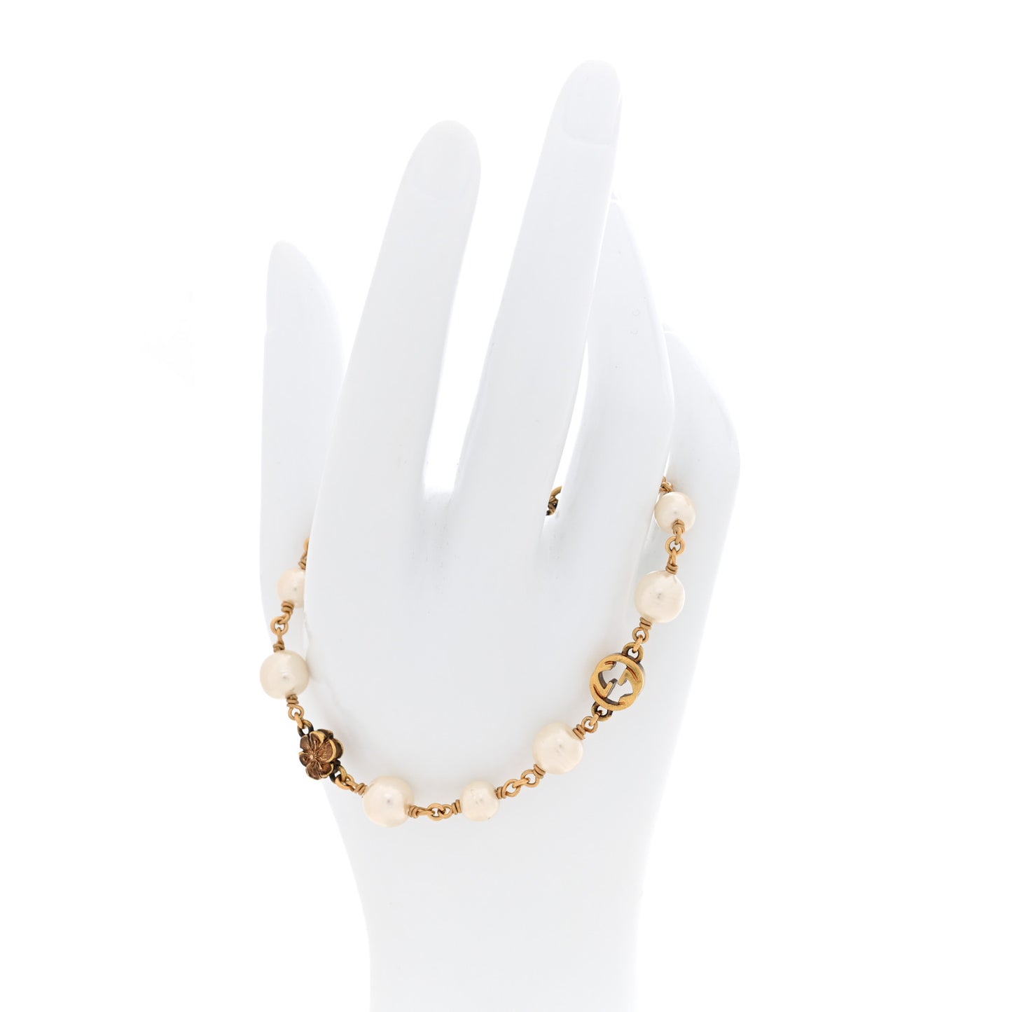 Interlocking G Flower Pearl Bracelet Gold