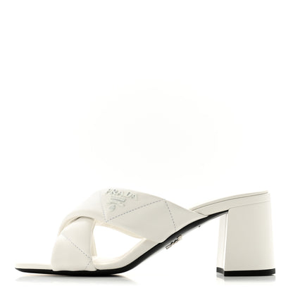 Prada Nappa Logo Quilted Crisscross 65mm Block Heel Slide Sandals  36 White 1 of 9