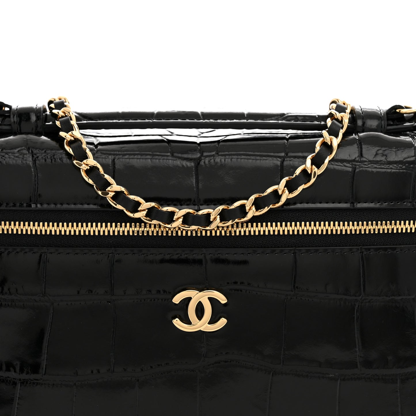 Calfskin Crocodile Embossed Slim Vanity Case With Chain  Black