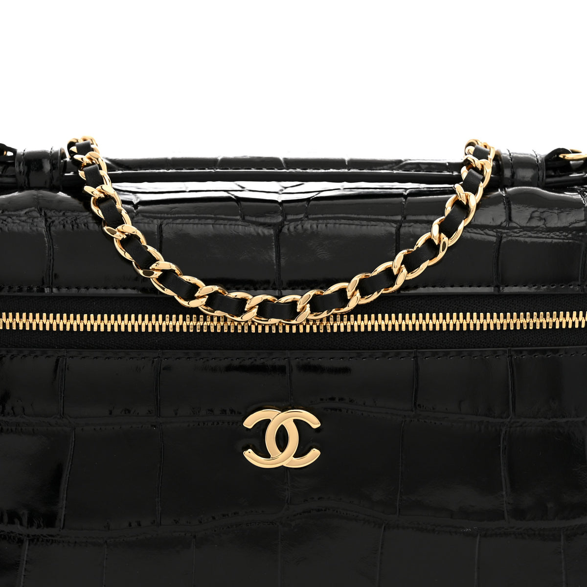 Calfskin Crocodile Embossed Slim Vanity Case With Chain  Black