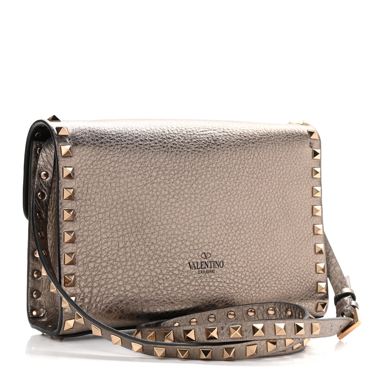 Valentino Garavani Metallic Pebbled Calfskin Medium Rockstud Flip Lock Crossbody Bag Sasso 4 of 10