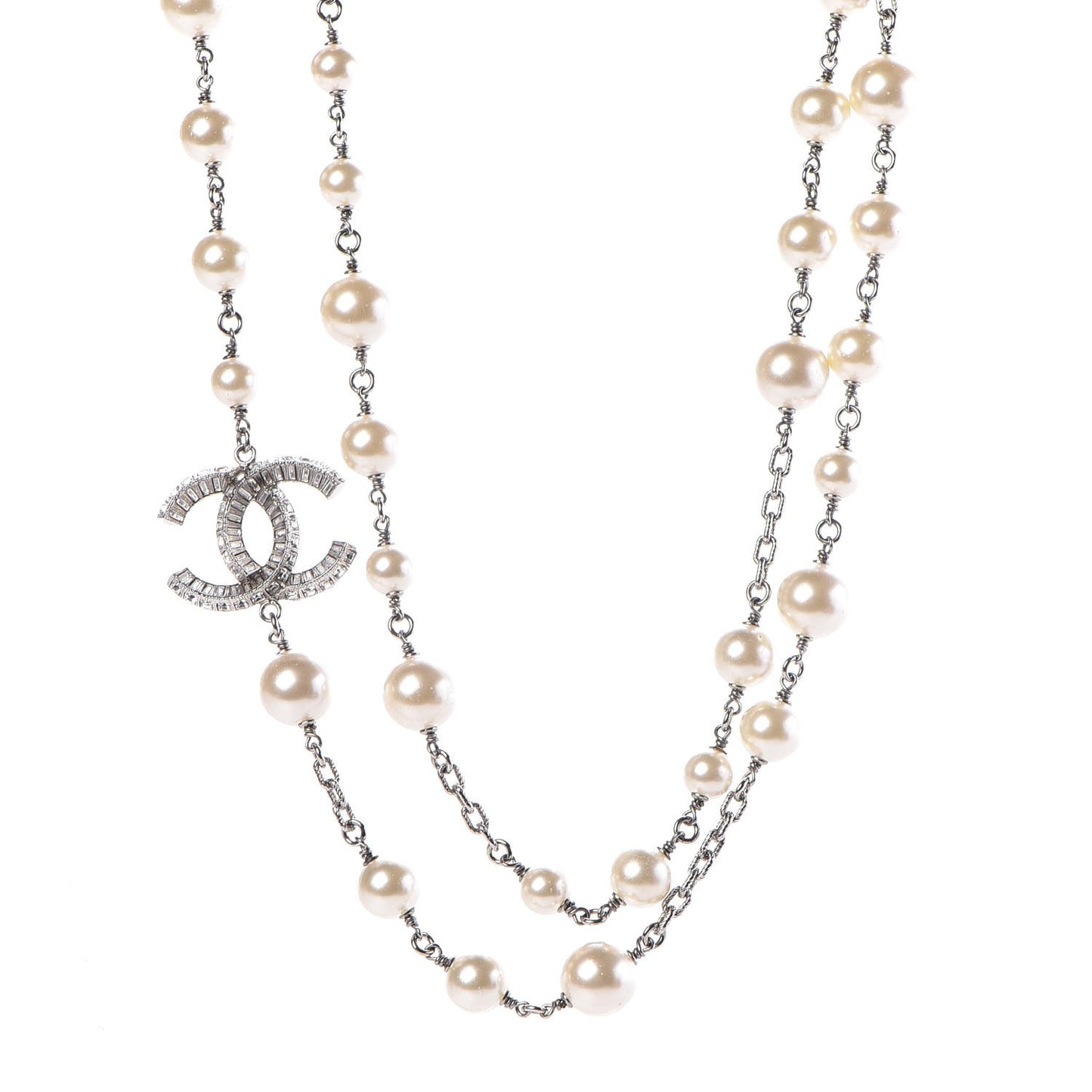 Pearl Baguette Crystal CC Long Necklace Silver
