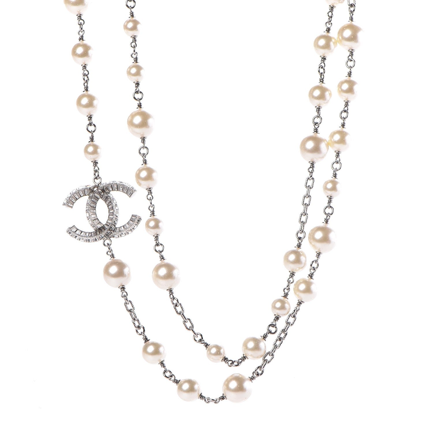 Chanel Pearl Baguette Crystal CC Long Necklace Silver 1 of 6