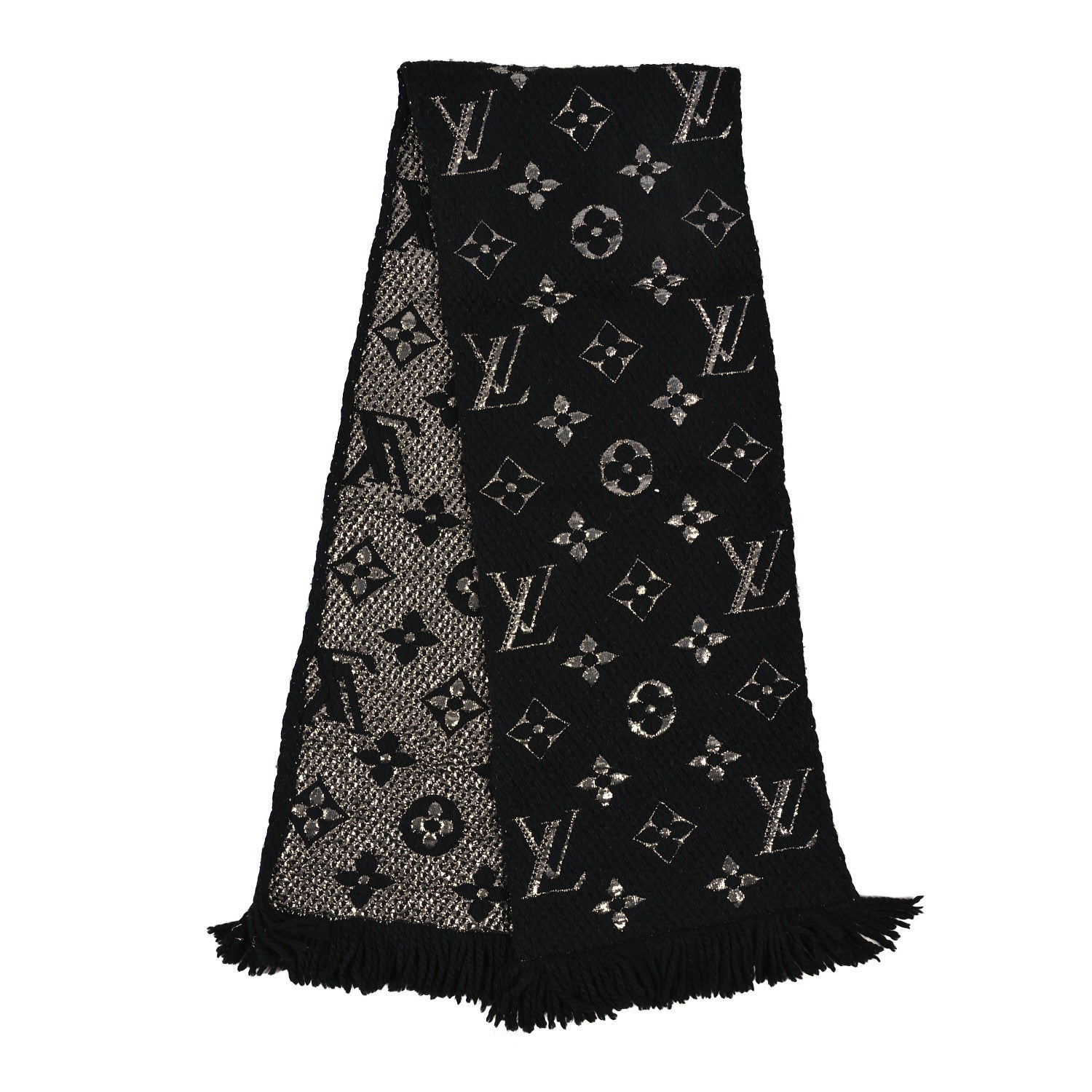 Louis Vuitton Wool Silk Monogram Giant Logomania Shine Scarf Black Silver 2 of 3