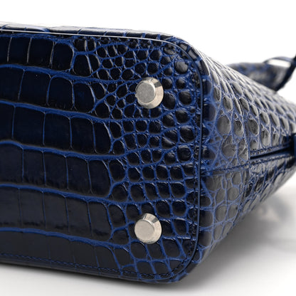 Balenciaga Shiny Calfskin Logo Crocodile Embossed S Ville Top Handle Bag Navy White 10 of 13