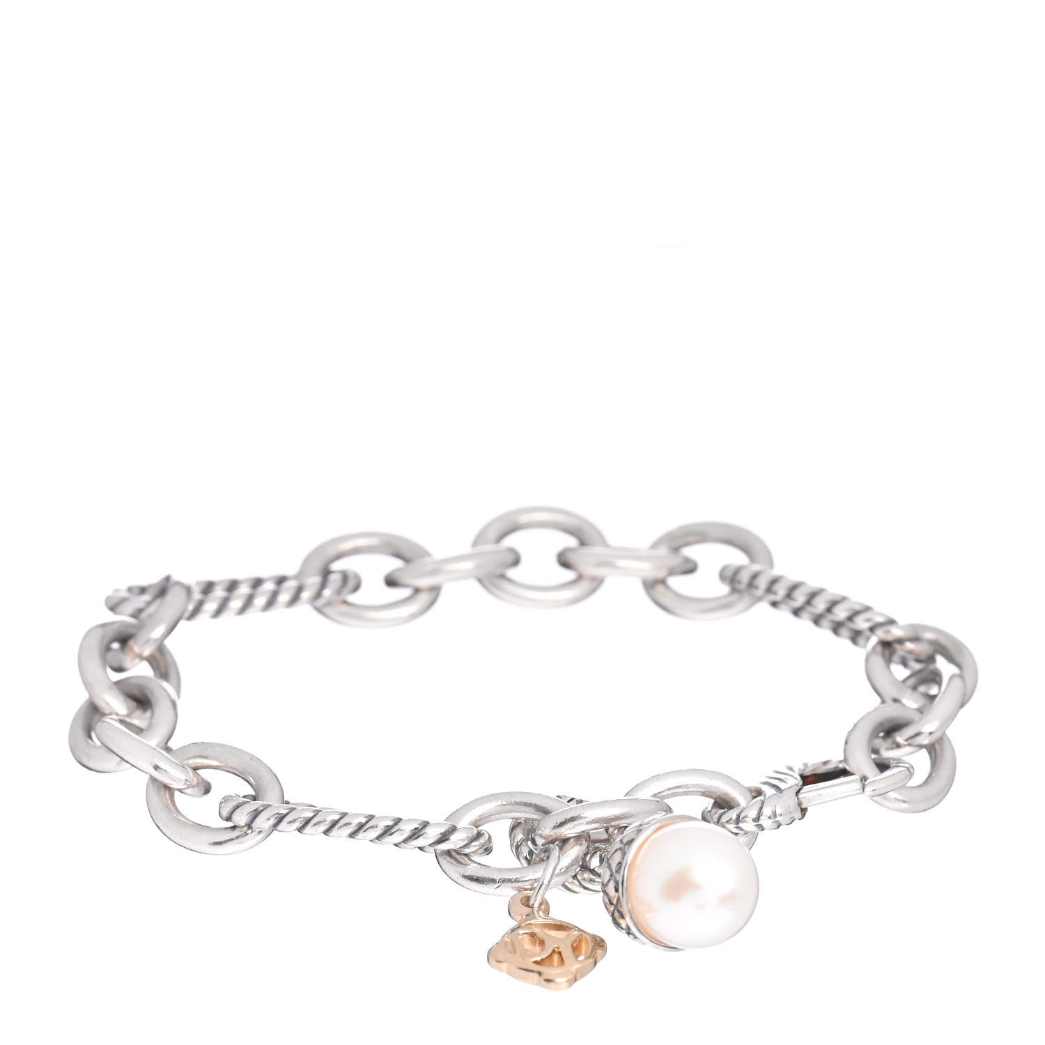 David Yurman Sterling Silver 18K Yellow Gold Pearl Acorn Figaro Link Charm Bracelet 1 of 4