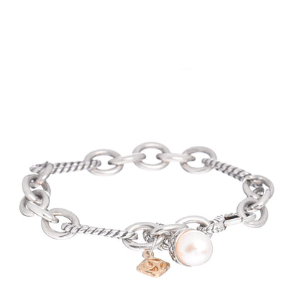 David Yurman Sterling Silver 18K Yellow Gold Pearl Acorn Figaro Link Charm Bracelet 1 of 4