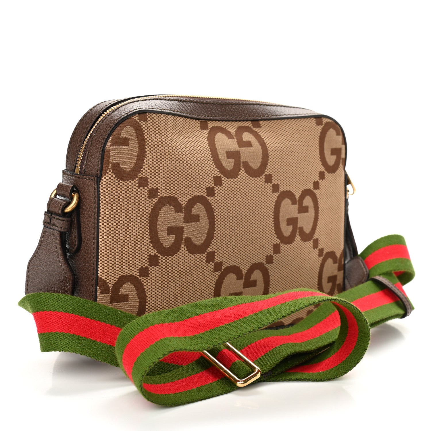 Gucci Monogram Jumbo GG Textured Dollar Calfskin Web Messenger Shoulder Bag Camel Ebony New Acero 3 of 10
