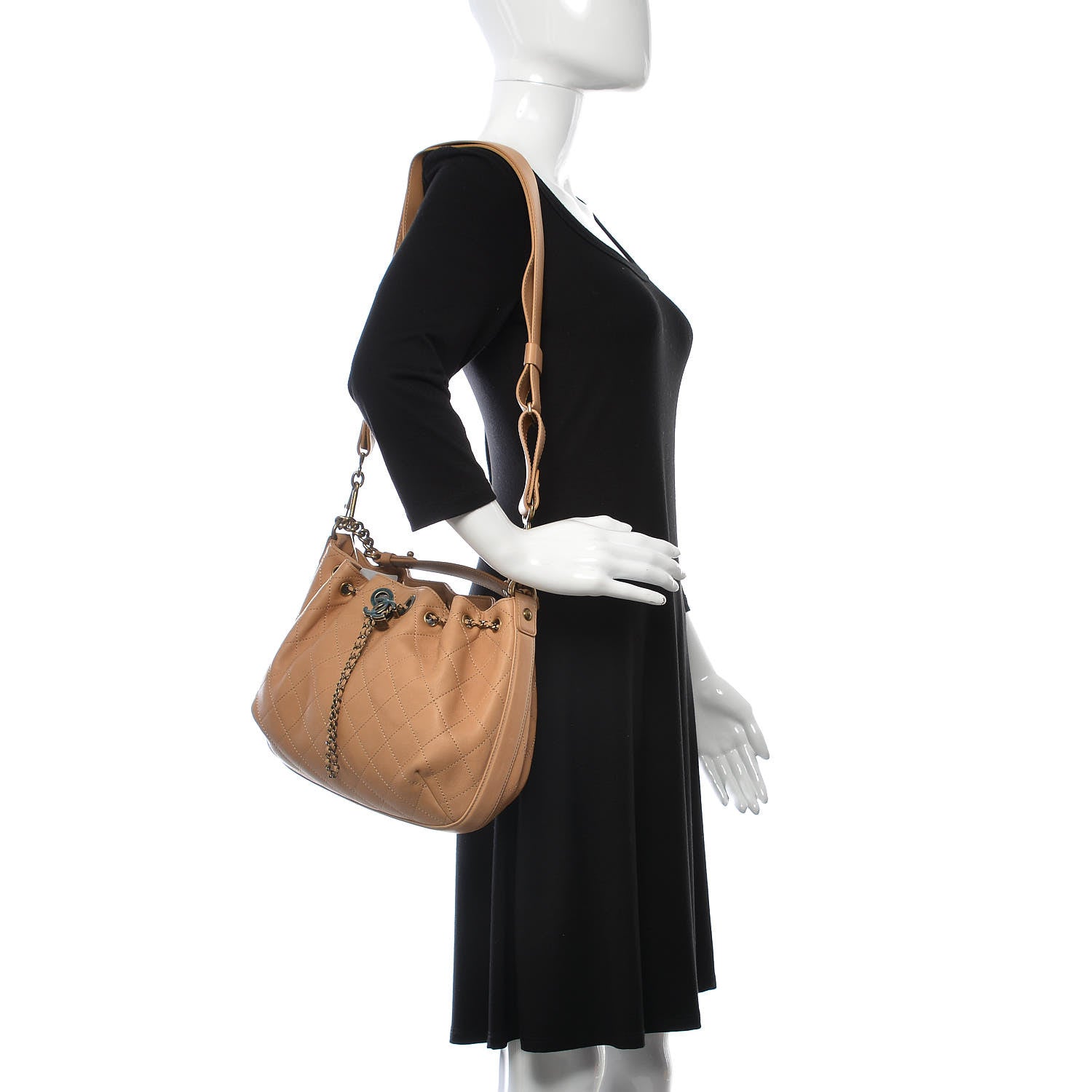 Chanel Calfskin Quilted Drawstring CC Medium Hobo Beige 2 of 16