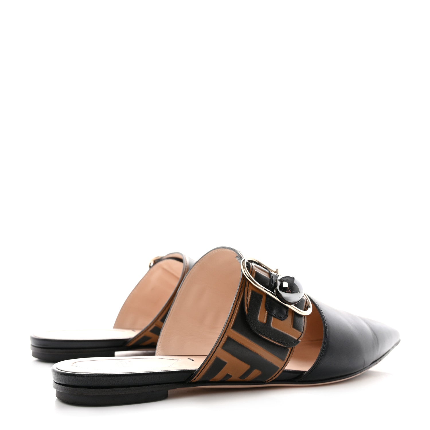 Fendi Vitello FF Embossed Buckle Flat Mules 36.5 Maya Black 4 of 9