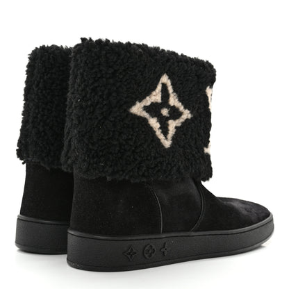 Louis Vuitton Suede Calfskin Shearling Snowdrop Flat Ankle Boot 37.5 Black 4 of 13