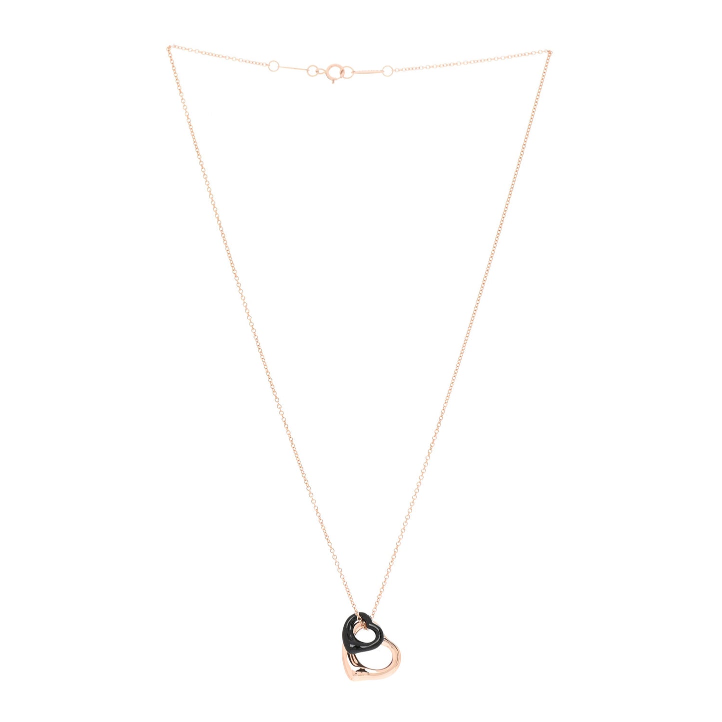 18K Rose Gold Black Jade 16mm Elsa Peretti Double Open Heart Pendant Necklace