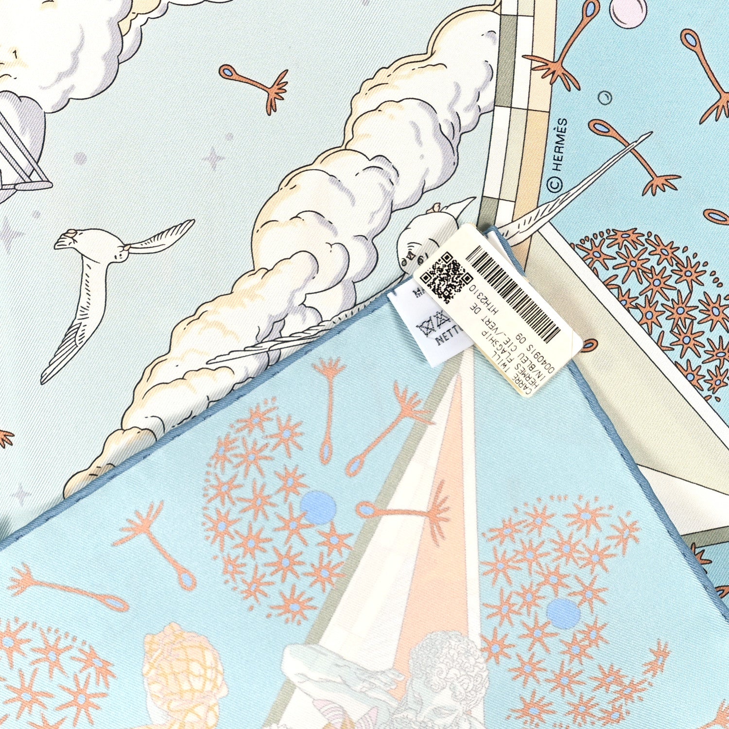 Hermes Silk Flagship Scarf 90 Bleu Ciel Vert De Gris Rose 2 of 3