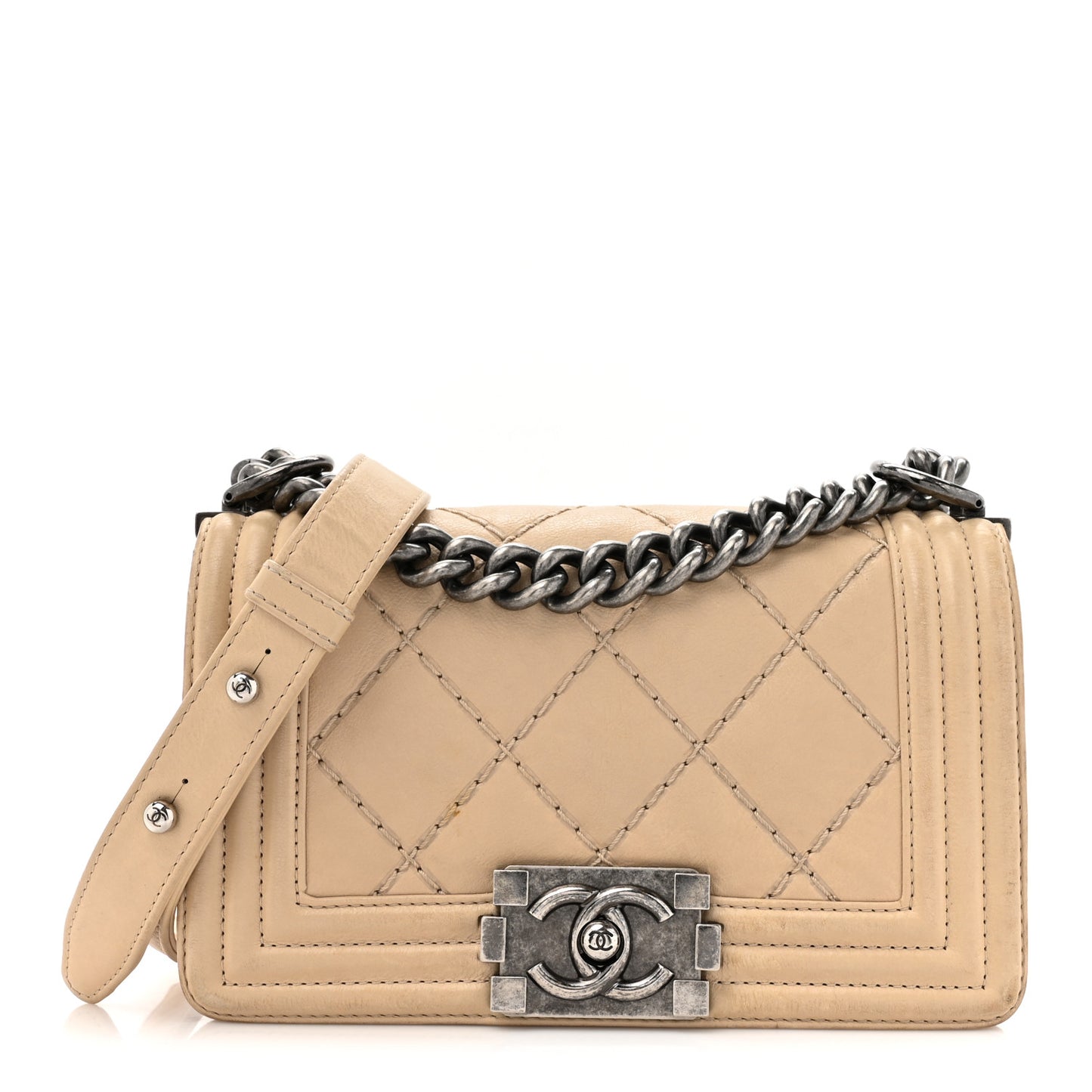 Calfskin Double Stitch Small Boy Flap Beige