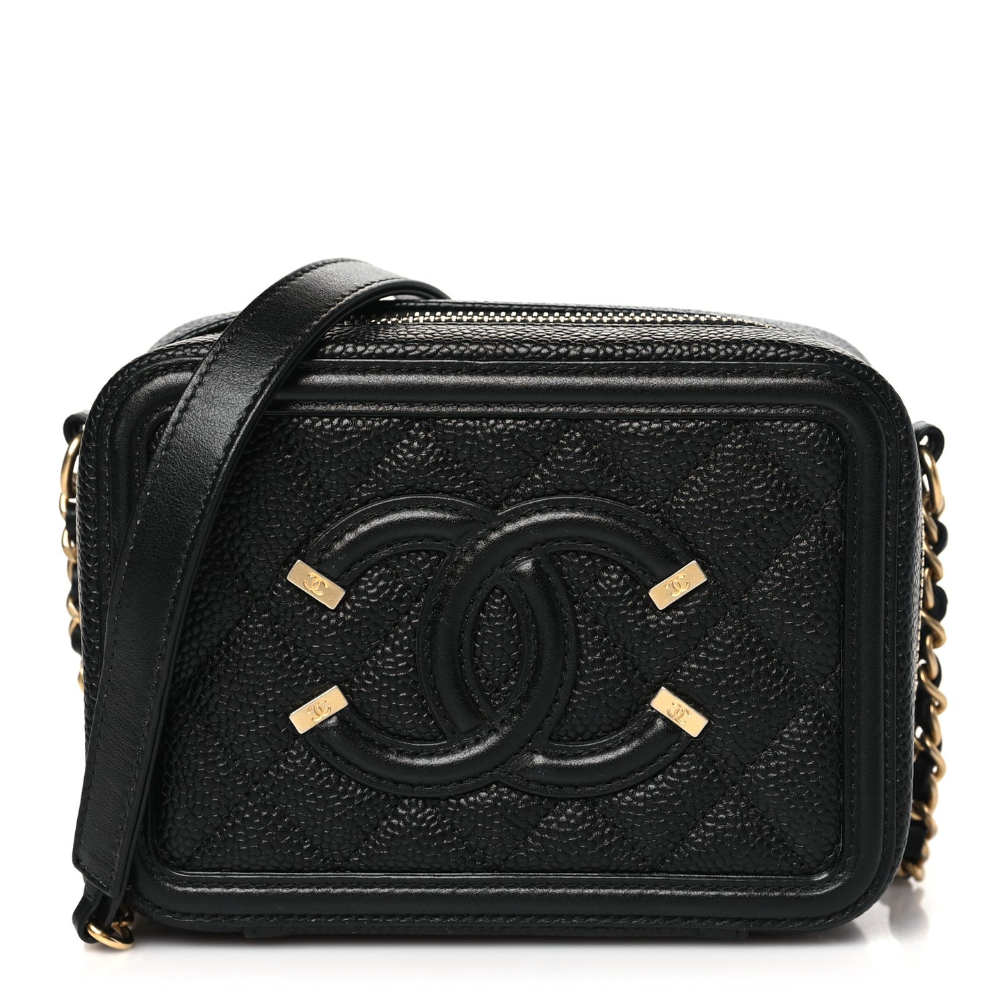 Caviar Quilted CC Filigree Vanity Clutch With Chain Black
