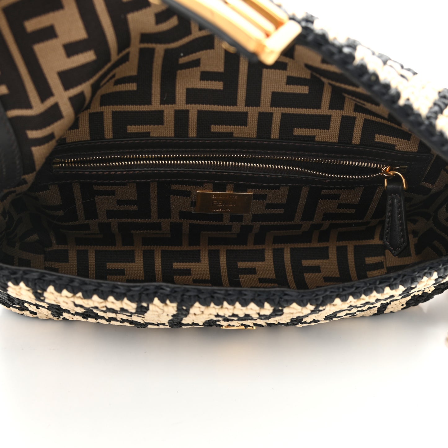 Raffia Vitello Dolce FF 1974 Crochet Baguette Black Natural