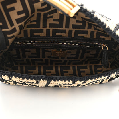 Fendi Raffia Vitello Dolce FF 1974 Crochet Baguette Black Natural 5 of 10