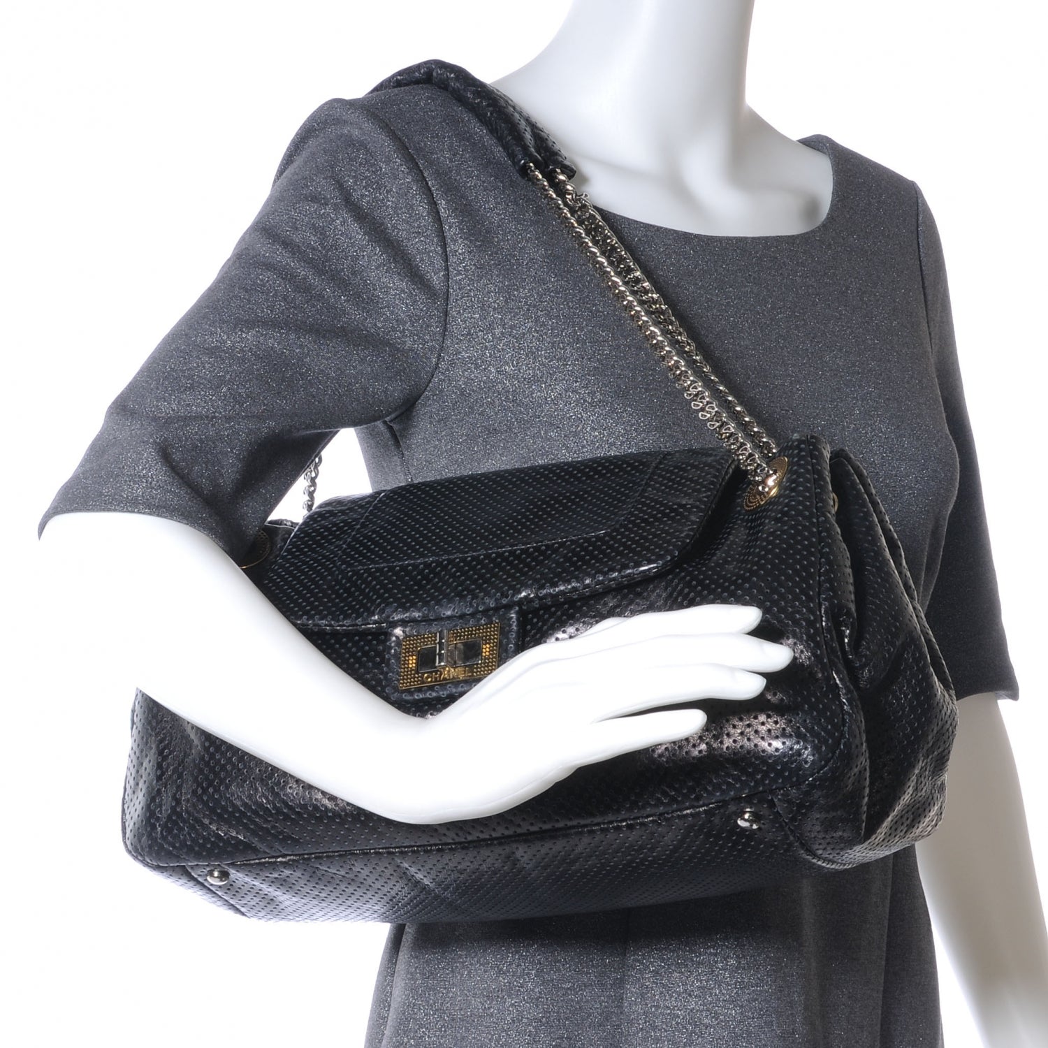 Chanel Metallic Calfskin Perforated Large Drill Accordion Flap Black 2 of 7