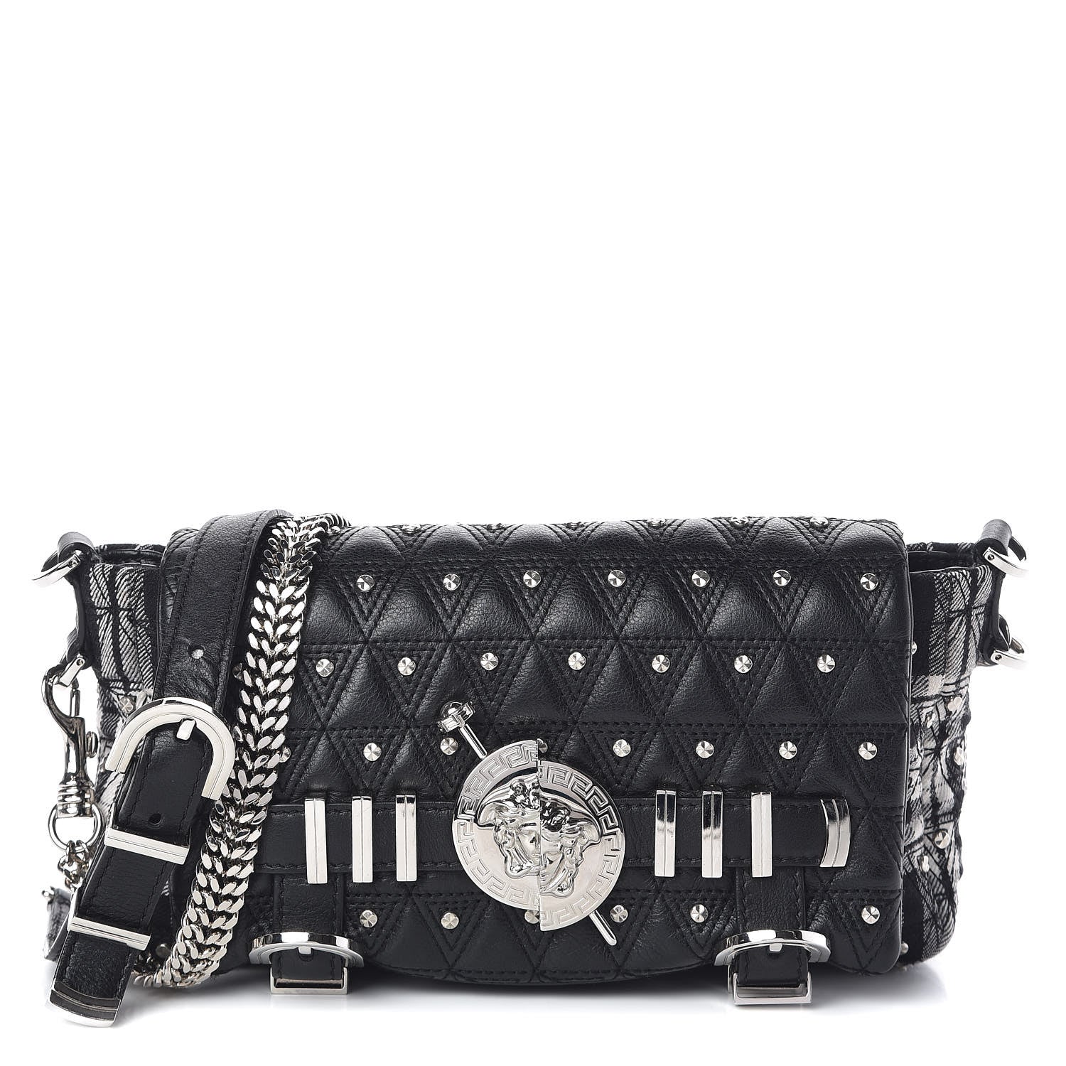 Versace Calfskin Plaid Quilted Studded Shoulder Bag Black 1 of 7