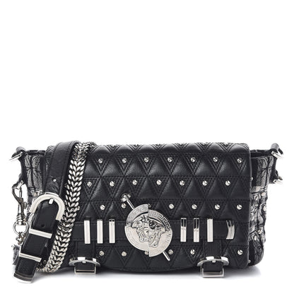 Versace Calfskin Plaid Quilted Studded Shoulder Bag Black 1 of 7