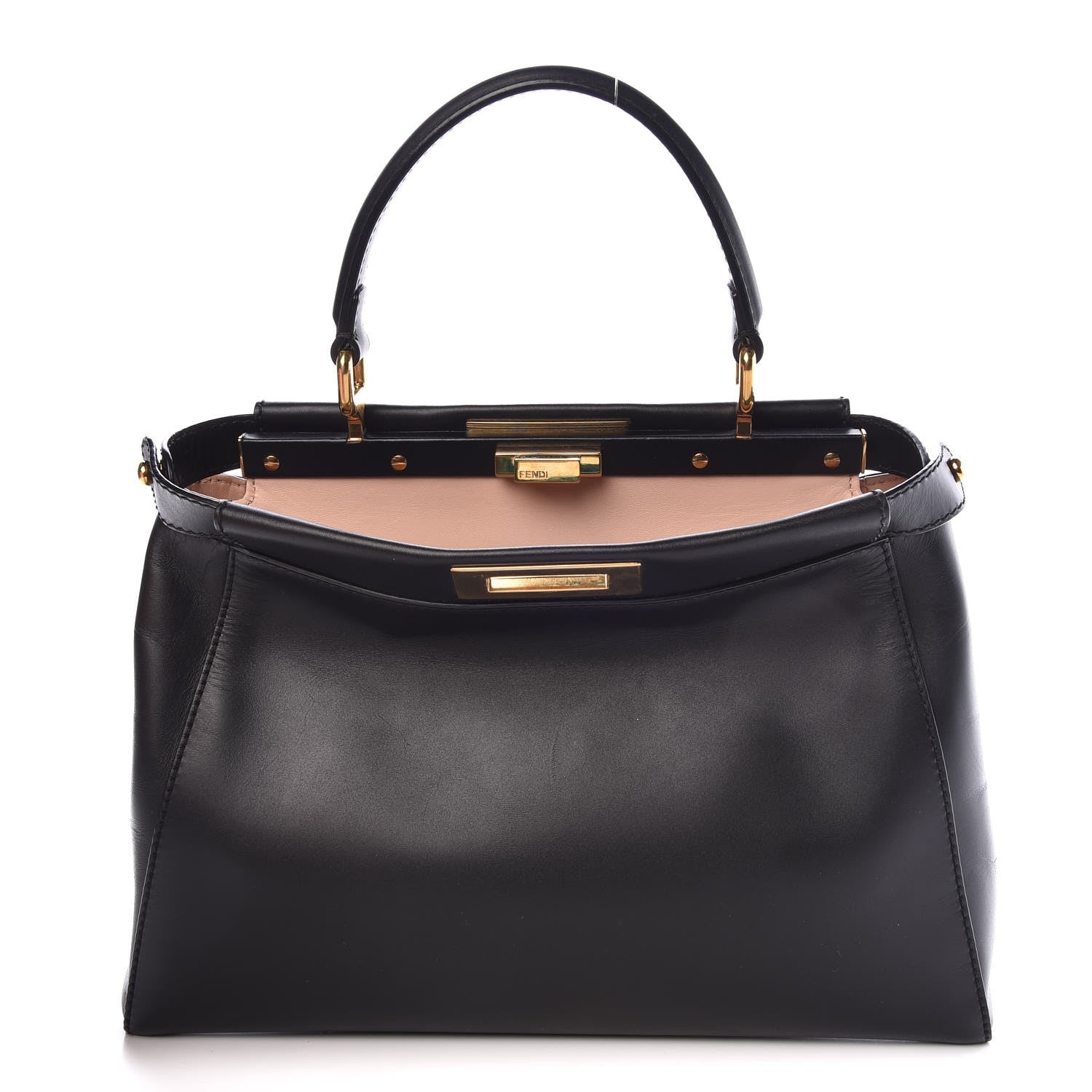 Fendi Vitello Morgan Shiny Nappa Medium Peekaboo Iconic Satchel Black Rosa Plaster 1 of 9