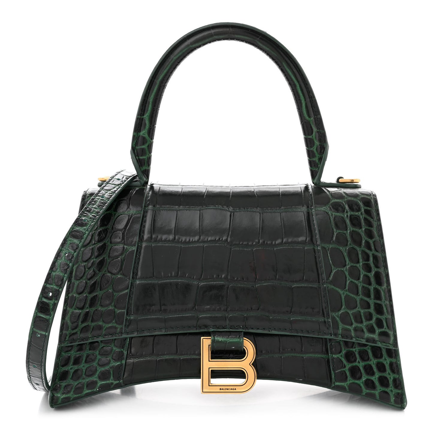 Shiny Calfskin Crocodile Embossed Small Hourglass Top Handle Bag Forest Green