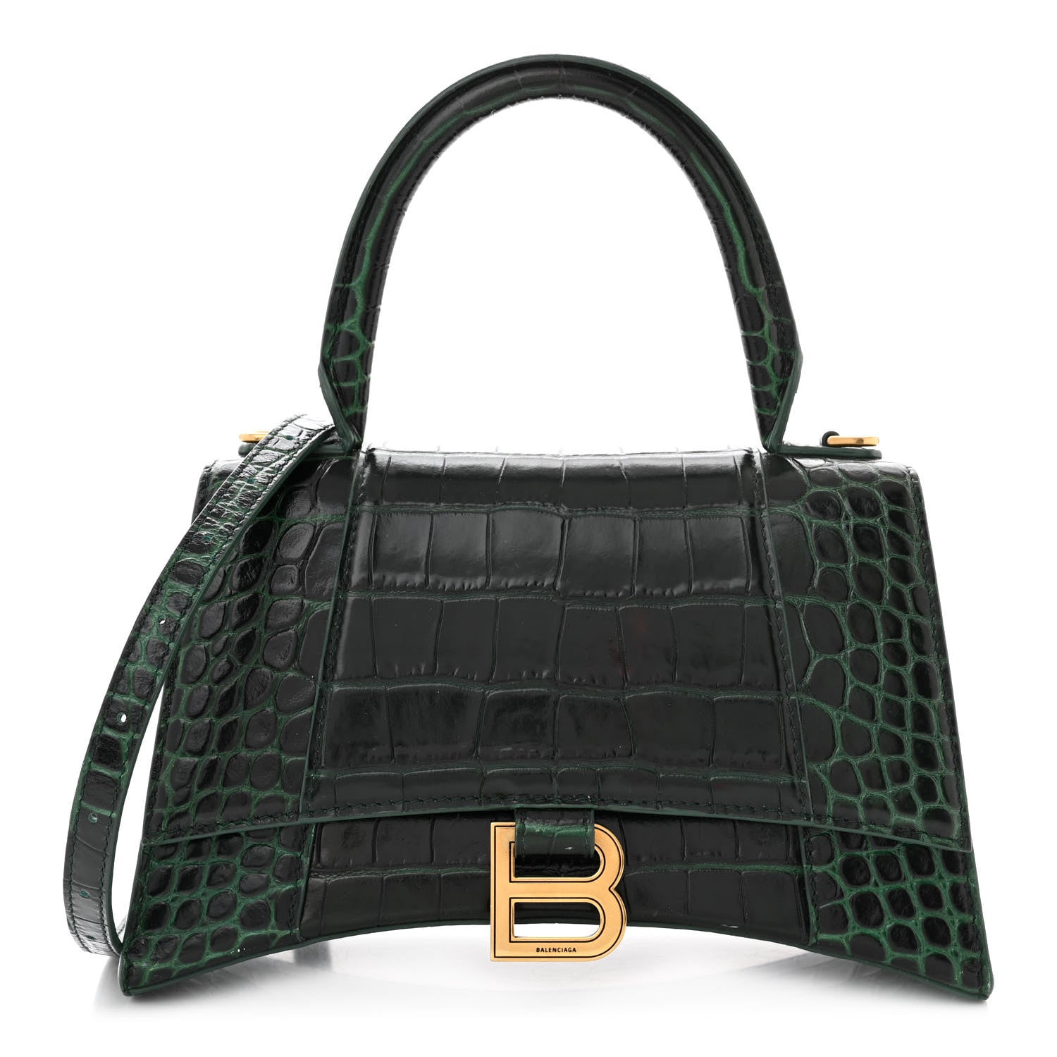 Balenciaga Shiny Calfskin Crocodile Embossed Small Hourglass Top Handle Bag Forest Green 1 of 14